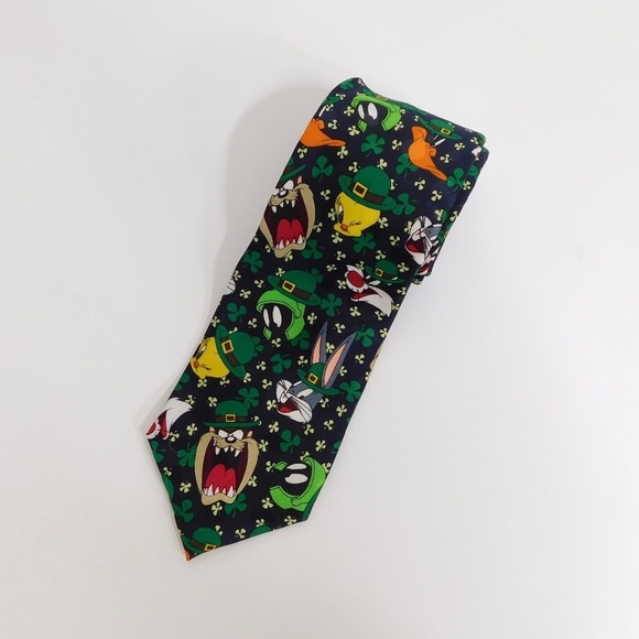 Vintage LOONEY TUNES Mania St. Patrick’s Day Cartoon Necktie Tie Shamrock - Picture 1 of 6